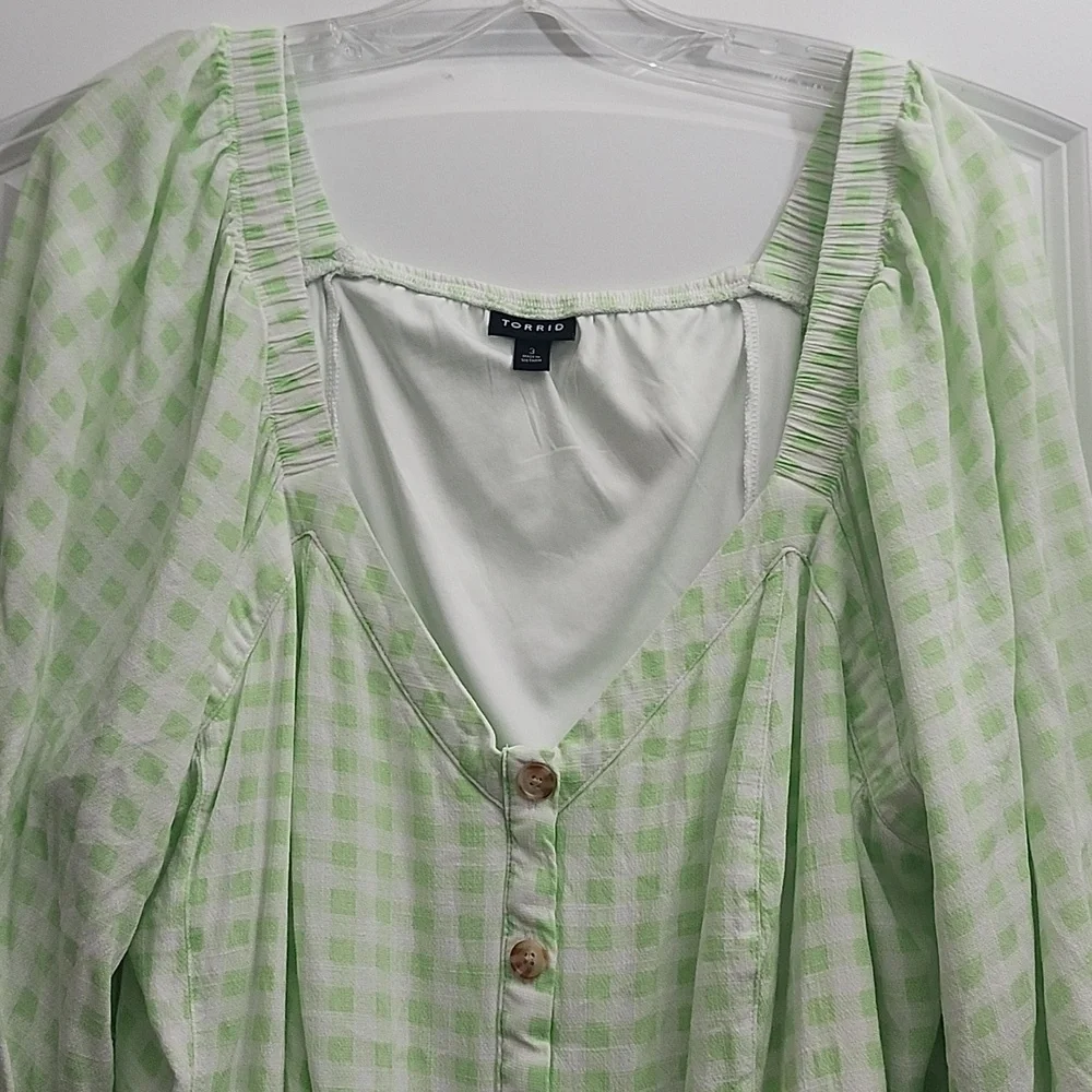 NWOT Torrid Fit and Flare Rayon Slub Button Up 3/4 Sleeve Green Gingham 3X - Picture 3 of 12
